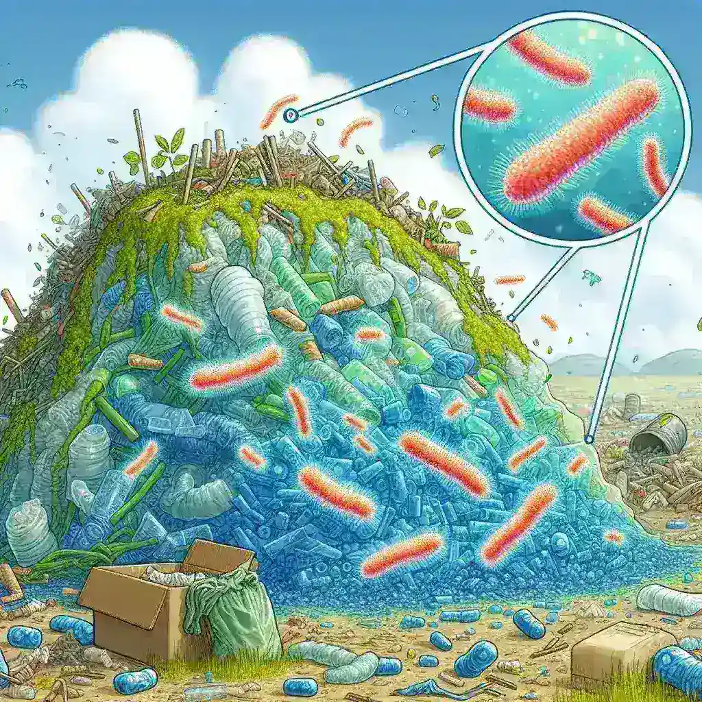 "Plastic-eating bacteria under microscope, showcasing their role in accelerating biodegradation of environmental waste."