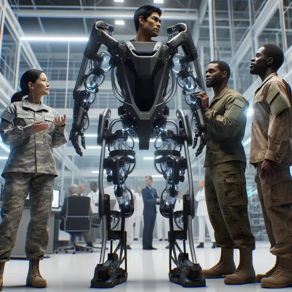 "Soldier testing advanced exoskeleton technology for enhanced mobility and support during military operations, showcasing U.S. military's investment in innovative robotic research and development."