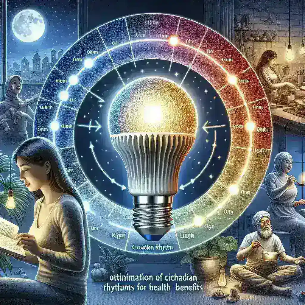 "Smart lighting system with circadian rhythm optimization technology, highlighting its benefits for enhancing health and wellbeing in a modern home environment."